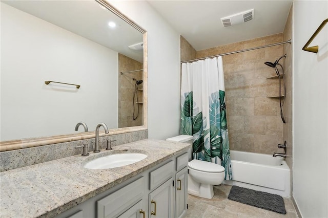 bathroom with toilet, shower / bathtub combination with curtain, and vanity