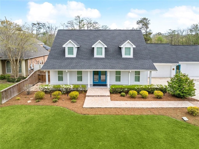 new england style home with roof with shingles, french doors, and a garage