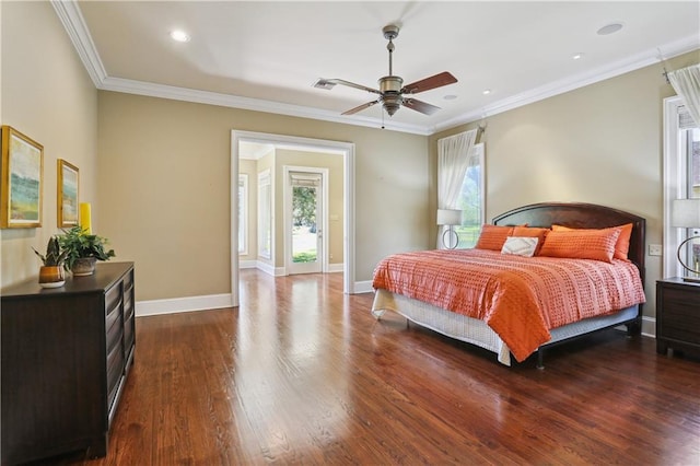 192 Forest Oaks Dr, New Orleans, LA 70131 - bedroom with recessed lighting, baseboards, dark wood-style floors, and ornamental molding