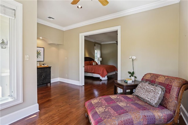 192 Forest Oaks Dr, New Orleans, LA 70131 - bedroom featuring visible vents, crown molding, ceiling fan, baseboards, and wood finished floors