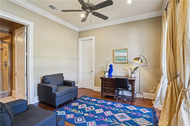 192 Forest Oaks Dr, New Orleans, LA 70131 - office area with visible vents, crown molding, ceiling fan, and wood finished floors