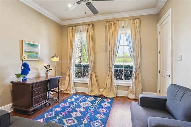 192 Forest Oaks Dr, New Orleans, LA 70131 - home office with ceiling fan, baseboards, wood finished floors, and ornamental molding