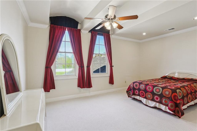 192 Forest Oaks Dr, New Orleans, LA 70131 - carpeted bedroom featuring visible vents, ceiling fan, crown molding, and baseboards