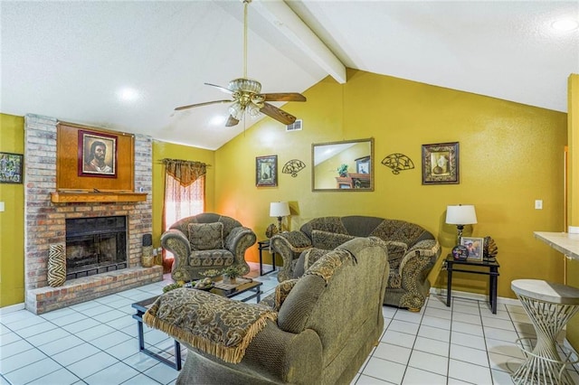 1504 Kings Row, Slidell, LA 70461 - living room with light tile patterned floors, ceiling fan, a fireplace, beamed ceiling, and high vaulted ceiling