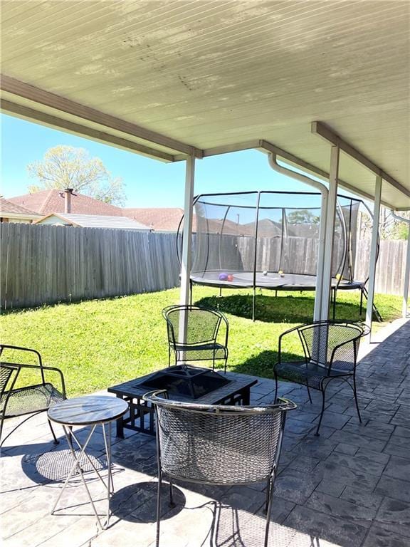 view of patio / terrace featuring a fenced backyard and a trampoline