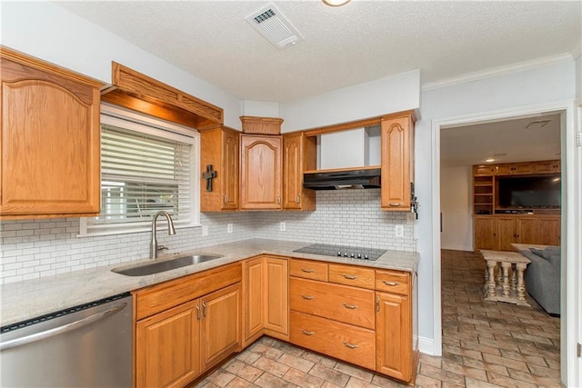 kitchen featuring a sink, dishwasher, black electric stovetop, under cabinet range hood, and visible vents