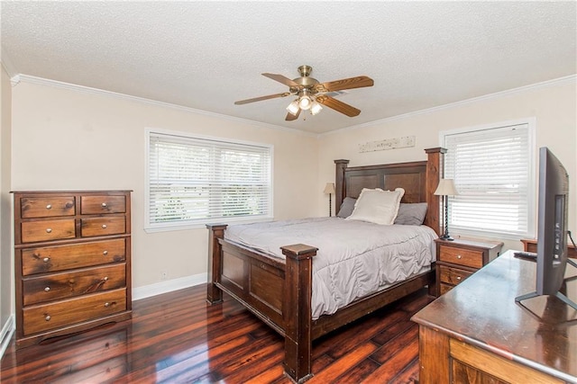 bedroom featuring dark wood-style floors, ornamental molding, and a textured ceiling