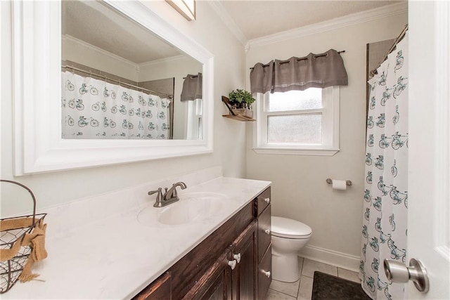 full bathroom with crown molding, toilet, vanity, tile patterned flooring, and baseboards