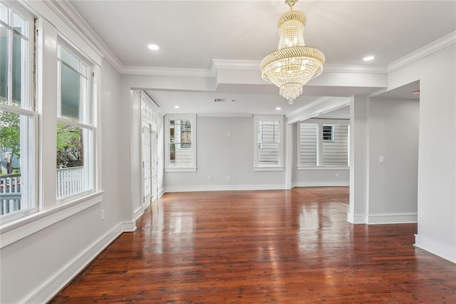 444244 S Johnson St, New Orleans, LA 70125 - unfurnished living room featuring baseboards, a notable chandelier, crown molding, and wood finished floors