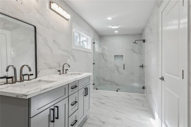 444244 S Johnson St, New Orleans, LA 70125 - full bathroom with a marble finish shower, double vanity, a sink, and marble finish floor