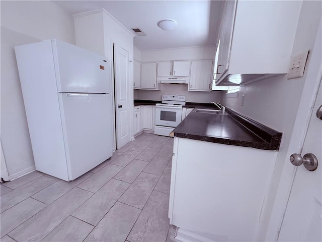774-776 Holt Dr, Baton Rouge, LA 70815 - kitchen with white appliances, dark countertops, under cabinet range hood, white cabinetry, and a sink