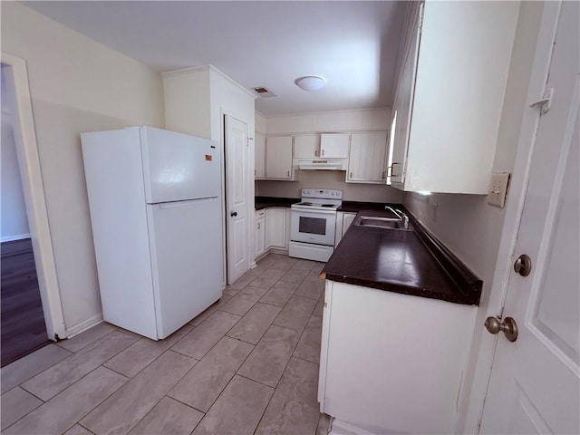 774-776 Holt Dr, Baton Rouge, LA 70815 - kitchen featuring a sink, under cabinet range hood, white appliances, dark countertops, and white cabinets