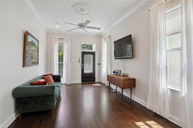 740 Florida Blvd, New Orleans, LA 70124 - foyer featuring dark wood-style flooring, a ceiling fan, baseboards, crown molding, and recessed lighting