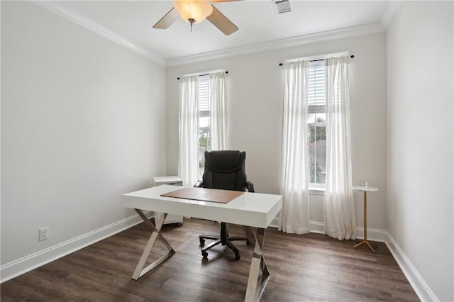 740 Florida Blvd, New Orleans, LA 70124 - home office featuring a ceiling fan, crown molding, wood finished floors, and baseboards