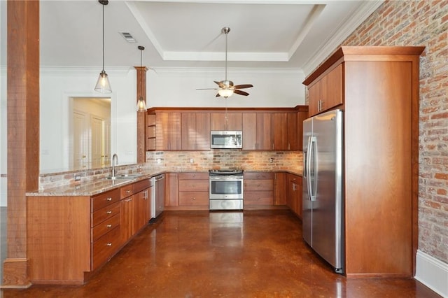 kitchen with appliances with stainless steel finishes, backsplash, finished concrete floors, light stone countertops, and a sink