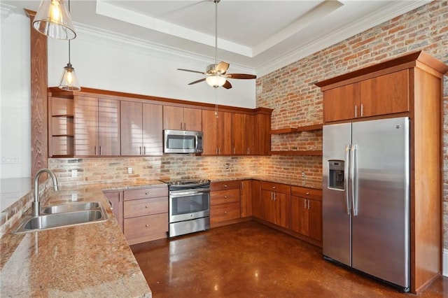 kitchen with stainless steel appliances, a sink, concrete floors, open shelves, and a raised ceiling