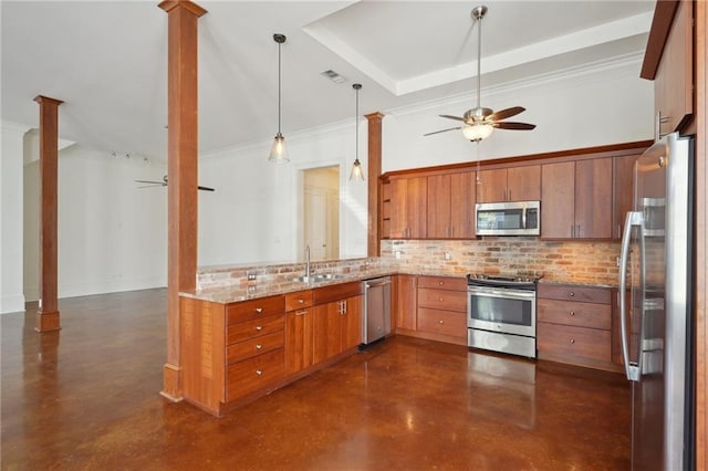 kitchen with stainless steel appliances, ceiling fan, finished concrete floors, ornate columns, and decorative backsplash