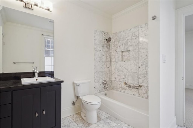 full bath featuring baseboards, toilet, ornamental molding, shower / washtub combination, and marble look tile flooring