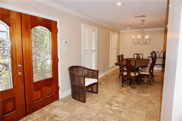4012 Berot St, Metairie, LA 70002 - foyer featuring a chandelier, ornamental molding, baseboards, french doors, and recessed lighting