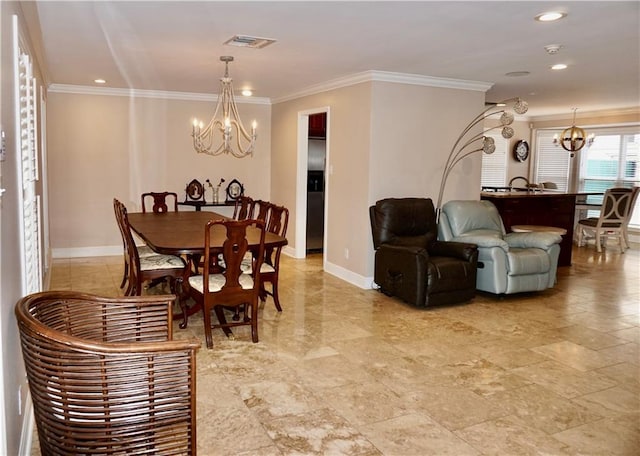 4012 Berot St, Metairie, LA 70002 - dining area with a chandelier, crown molding, baseboards, and recessed lighting