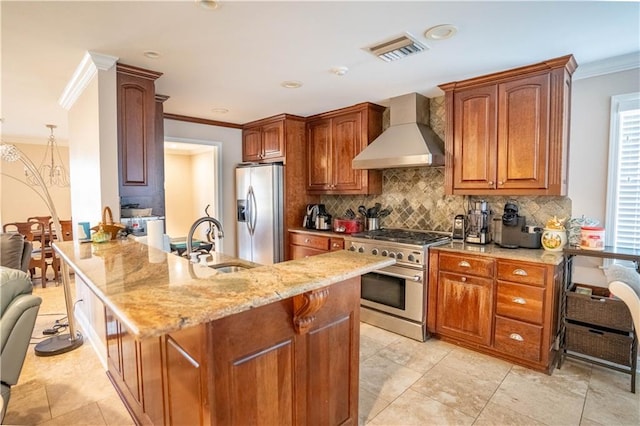 4012 Berot St, Metairie, LA 70002 - kitchen with appliances with stainless steel finishes, premium range hood, a sink, ornamental molding, and light stone counters