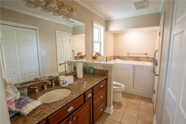 4012 Berot St, Metairie, LA 70002 - bathroom featuring vanity, a garden tub, crown molding, tile patterned floors, and toilet