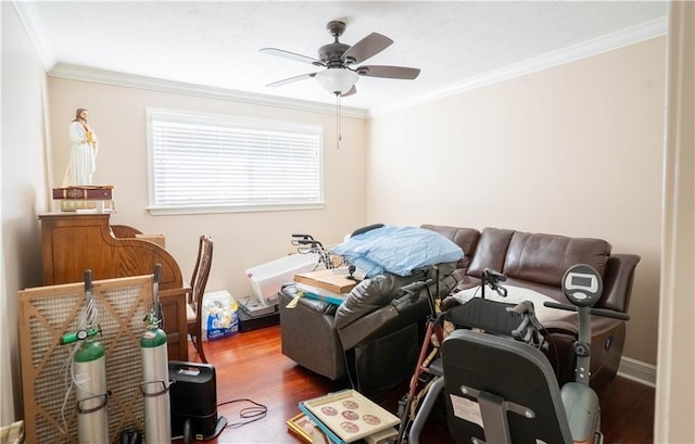 4012 Berot St, Metairie, LA 70002 - living room with wood finished floors, a ceiling fan, and crown molding