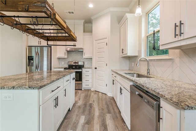31527 Meadow Lark Ln, Denham Springs, LA 70726 - kitchen with a sink, under cabinet range hood, light wood-type flooring, visible vents, and appliances with stainless steel finishes