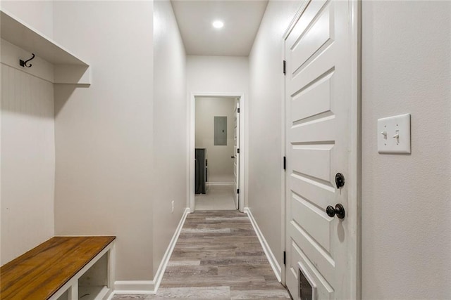 31527 Meadow Lark Ln, Denham Springs, LA 70726 - mudroom with light wood finished floors, recessed lighting, electric panel, and baseboards