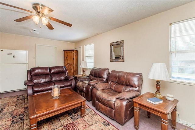 59345 Twin Pines Rd, Bogalusa, LA 70427 - carpeted living area with ceiling fan and a textured ceiling