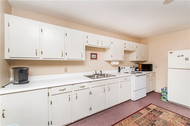 59345 Twin Pines Rd, Bogalusa, LA 70427 - kitchen featuring light countertops, a sink, a textured ceiling, white appliances, and white cabinets