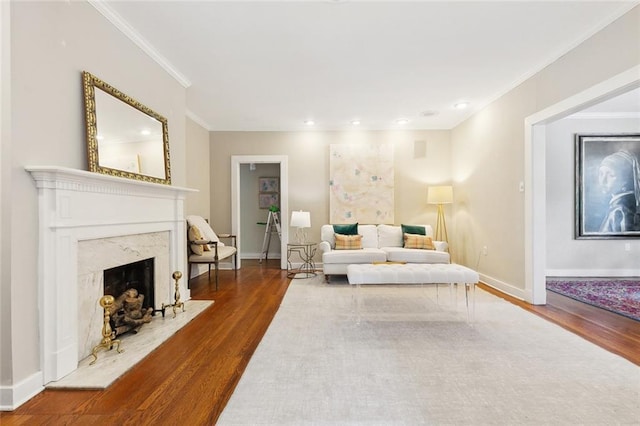 1338 Fern St, New Orleans, LA 70118 - living area featuring wood finished floors, ornamental molding, a high end fireplace, baseboards, and recessed lighting