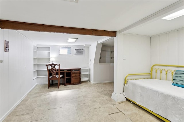 1338 Fern St, New Orleans, LA 70118 - bedroom with beamed ceiling, baseboards, and a wall mounted air conditioner