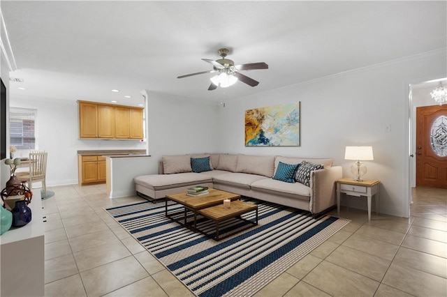 4232 Connecticut Ave, Kenner, LA 70065 - living room with light tile patterned flooring, ceiling fan, recessed lighting, crown molding, and baseboards