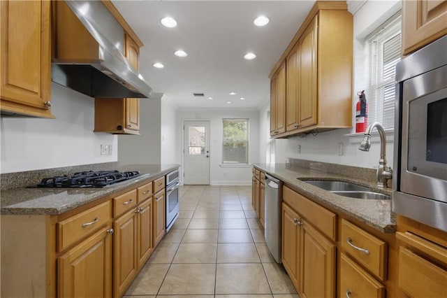 4232 Connecticut Ave, Kenner, LA 70065 - kitchen with a sink, wall chimney exhaust hood, stainless steel appliances, crown molding, and dark stone countertops