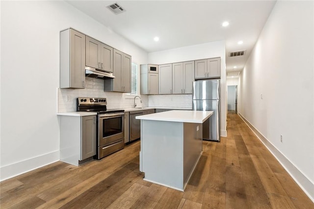 4235 Tulane Ave, New Orleans, LA 70119 - kitchen featuring appliances with stainless steel finishes, gray cabinets, under cabinet range hood, backsplash, and a sink