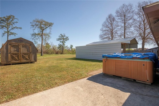 3800 Decomine Dr, Chalmette, LA 70043 - view of yard featuring a hot tub, an outdoor structure, a patio, and a shed