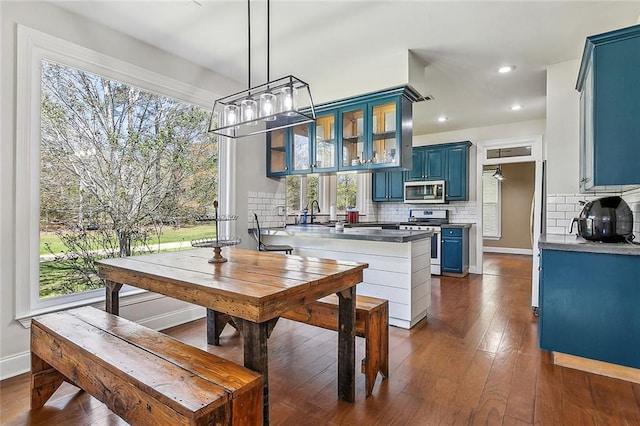 80055 Rollo Rd, Bush, LA 70431 - kitchen with blue cabinetry, stainless steel appliances, tasteful backsplash, dark wood-type flooring, and glass insert cabinets