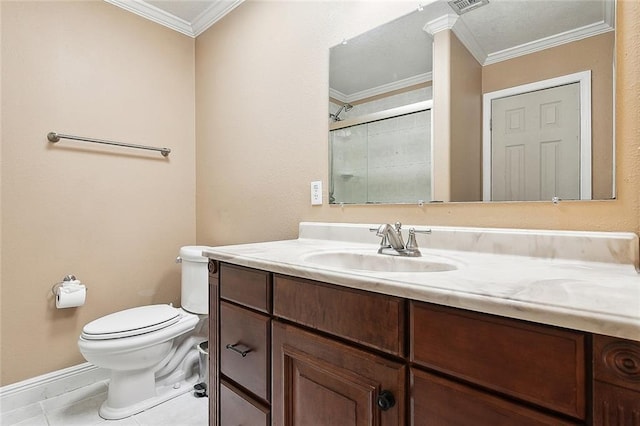 bathroom with vanity, ornamental molding, tile patterned floors, toilet, and a shower stall