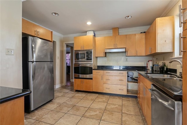 4529 Citrus Dr, New Orleans, LA 70127 - kitchen with light tile patterned floors, a sink, ornamental molding, appliances with stainless steel finishes, and under cabinet range hood