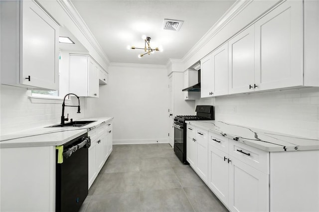 4904 Argonne St, Metairie, LA 70001 - kitchen featuring black appliances, a sink, crown molding, white cabinetry, and light stone counters