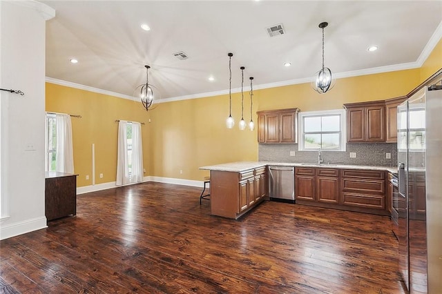 6309 Debore Dr, New Orleans, LA 70126 - kitchen with a kitchen breakfast bar, backsplash, visible vents, dishwasher, and a peninsula