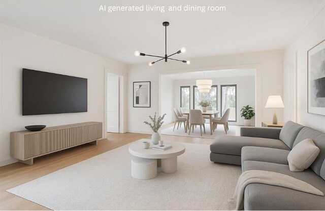 107 Stella St, Metairie, LA 70005 - living area with a chandelier and light wood-style flooring