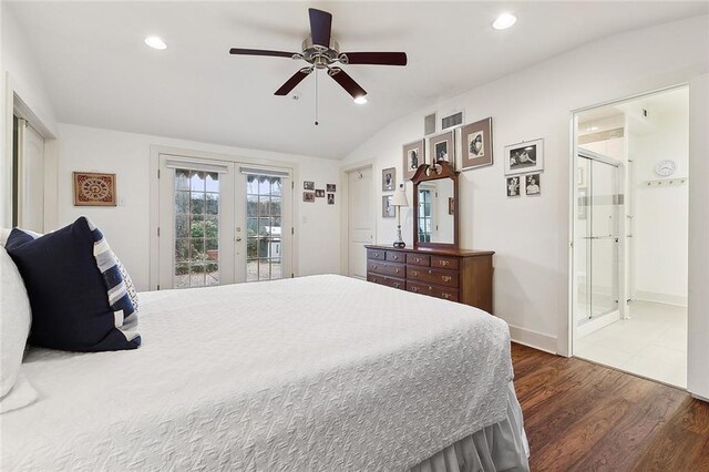 107 Stella St, Metairie, LA 70005 - bedroom with french doors, access to outside, vaulted ceiling, recessed lighting, and wood finished floors