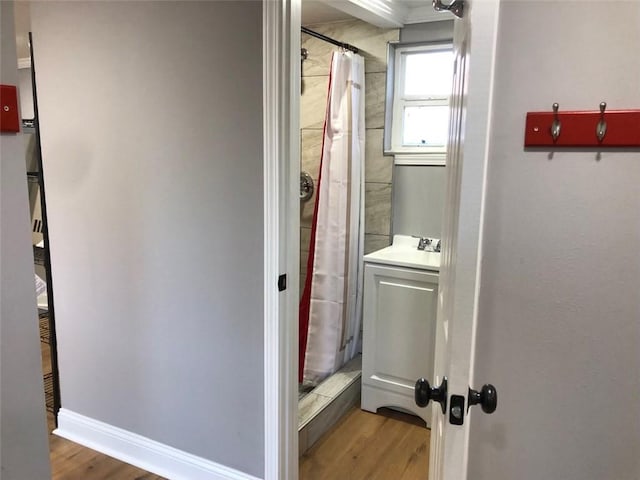 interior space with a shower with curtain, baseboards, wood finished floors, and a sink