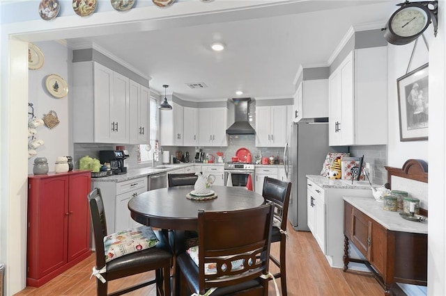 433 Monroe St, Gretna, LA 70053 - kitchen with wall chimney range hood, white cabinets, light wood-style floors, decorative backsplash, and appliances with stainless steel finishes