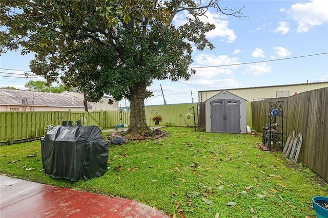 view of yard with a fenced backyard, an outdoor structure, and a storage unit