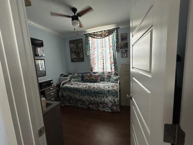 bedroom with crown molding, a ceiling fan, and dark wood-style flooring