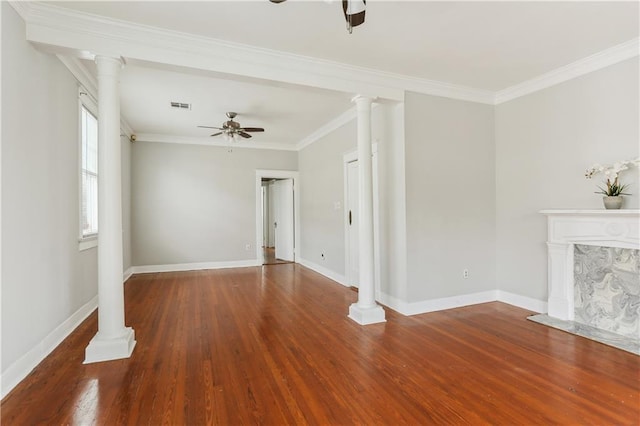 441921 Fontainebleau Dr, New Orleans, LA 70125 - unfurnished living room featuring baseboards, ceiling fan, visible vents, and wood finished floors
