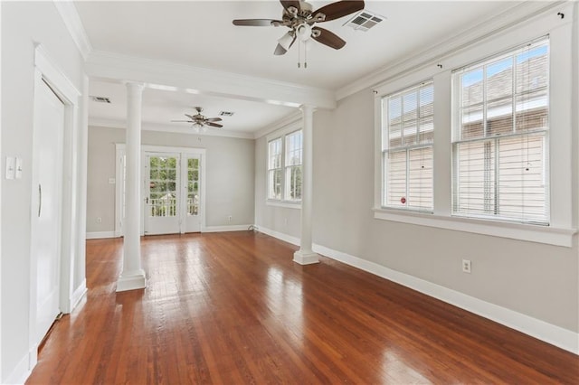 441921 Fontainebleau Dr, New Orleans, LA 70125 - spare room with visible vents, crown molding, ceiling fan, and ornate columns